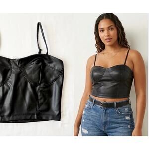 Ambiano Black Faux Leather Bustier Crop Top Corset Style Size M